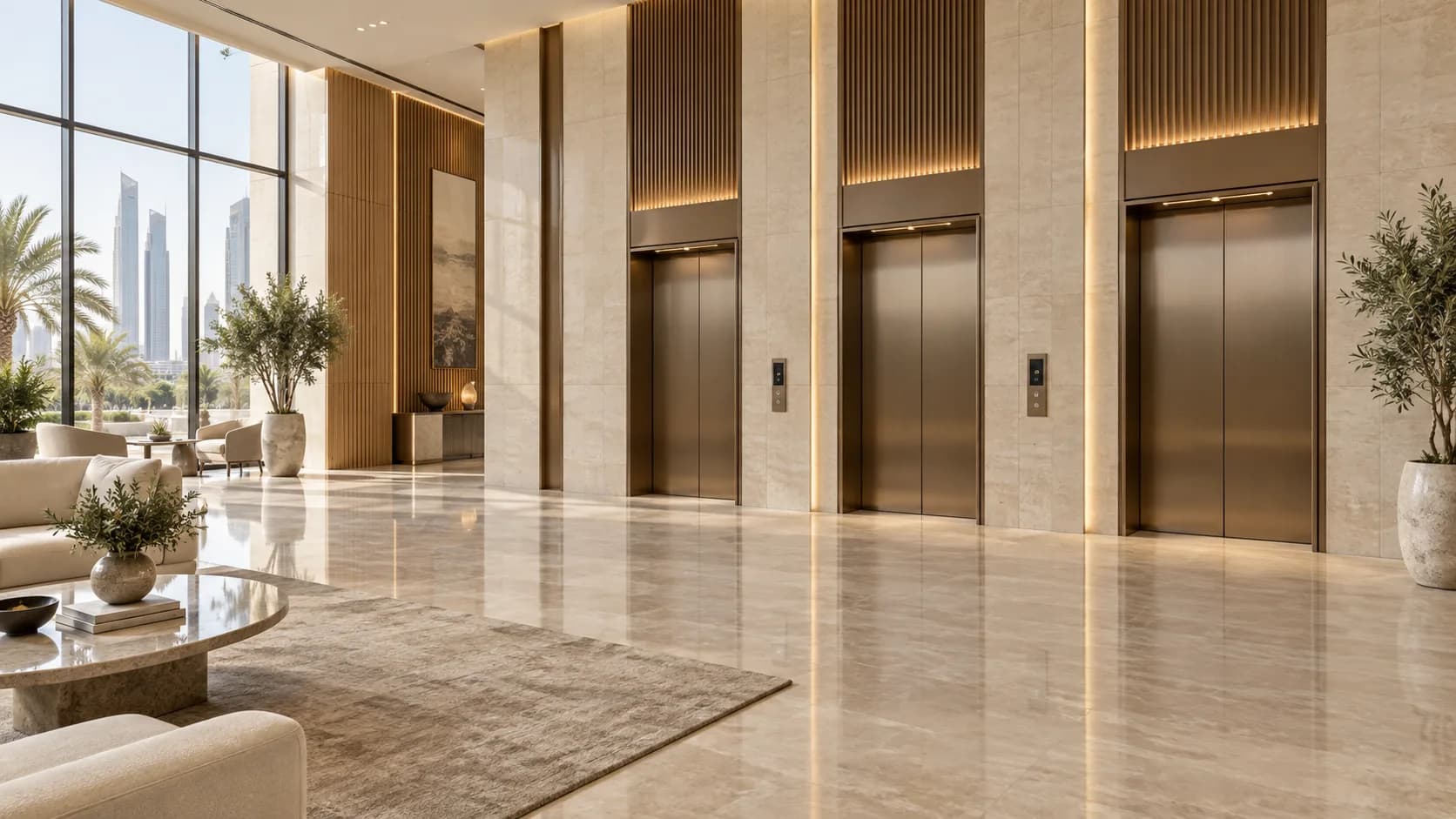 تصور معماري توضيحي لمصاعد ركاب في مبنى تجاري